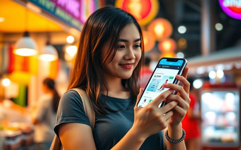 Shopper browsing a product page on her phone at a night market