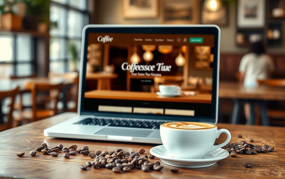 Teratak Kopi online store shown on a laptop beside a latte